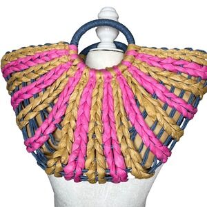 3AM Forever Straw Purse Bag Pink Drawstring Close Beach Festival Cottage Boho